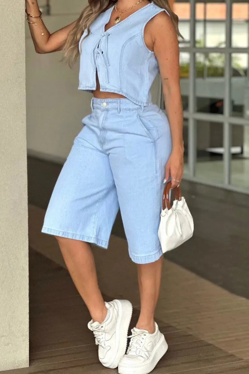 Hot Selling Women's Casual Denim Tops And Shorts