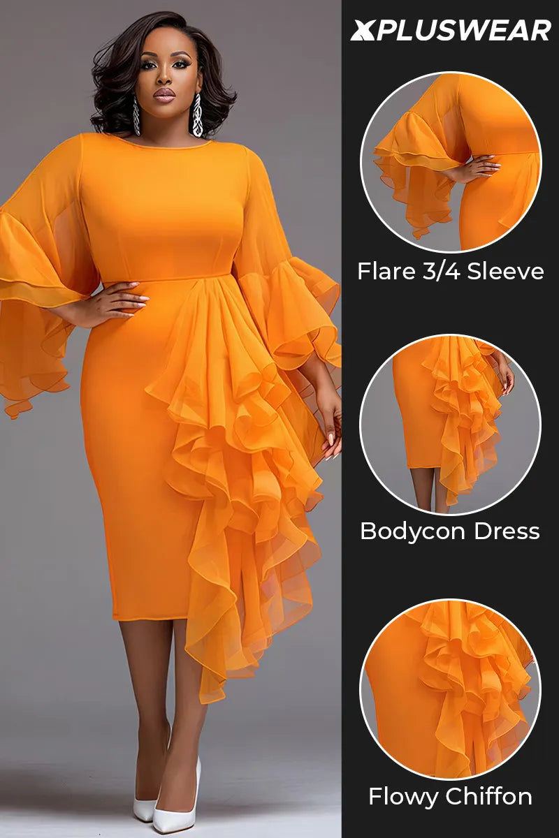 Cocktail Party Orange Round Neck Flare 3/4 Sleeve Ruffle Bodycon Chiffon Midi Dresses