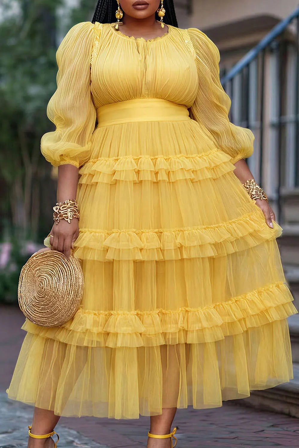 Cocktail Party Yellow Round Neck Lantern Sleeve 3/4 Sleeve Ruffle Tiered Chiffon Midi Dresses