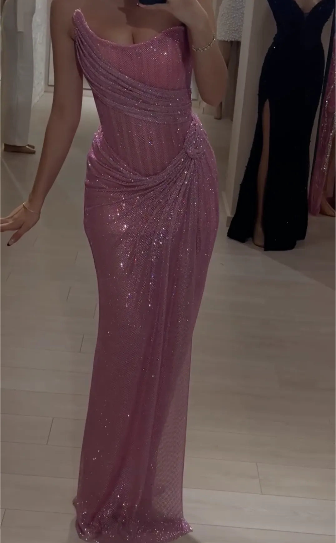 Blush Pink Lace Strapless Mermaid Evening Maxi Dress with High Slit & Glitter Detailing