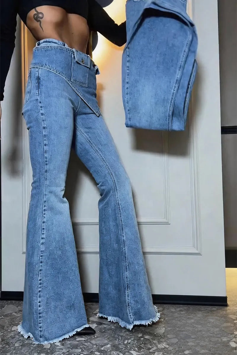 Women's Casual Pocket Removable Belt Flare Jeans