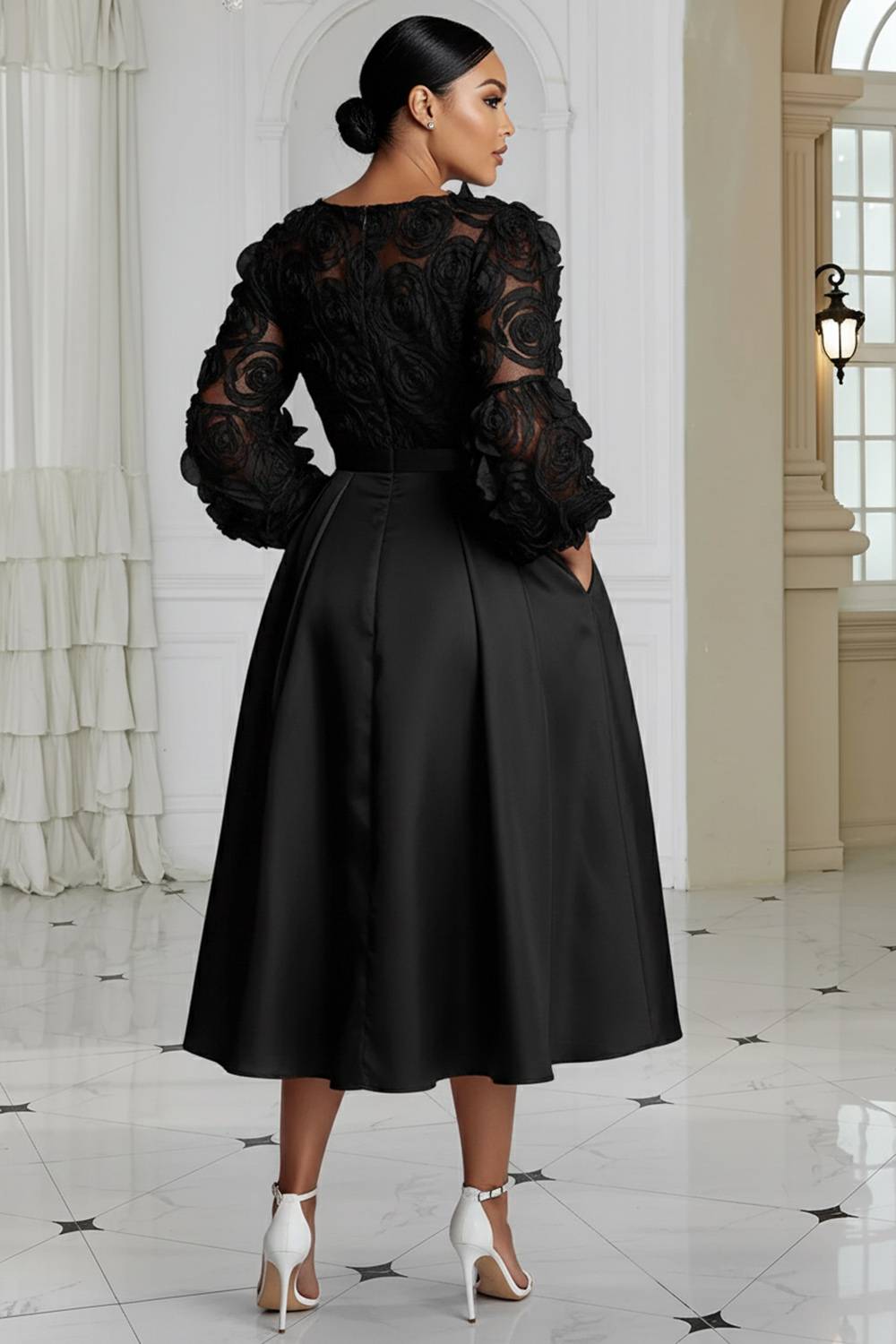 Wedding White Round Neck 3/4 Sleeve 3D Elegant Pocket Satin Midi Dresses