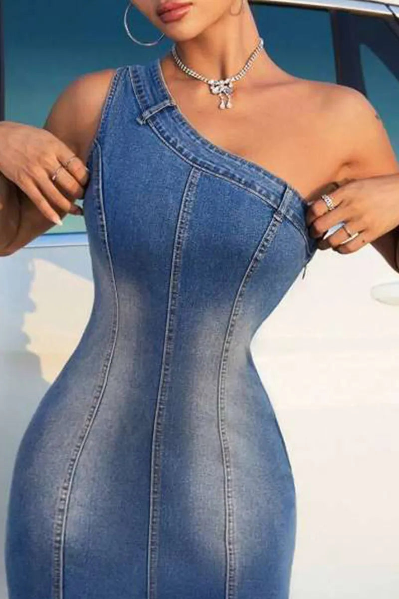 Women's Form-Fitting Denim Dress with Asymmetrical Neckline & Raw Hem