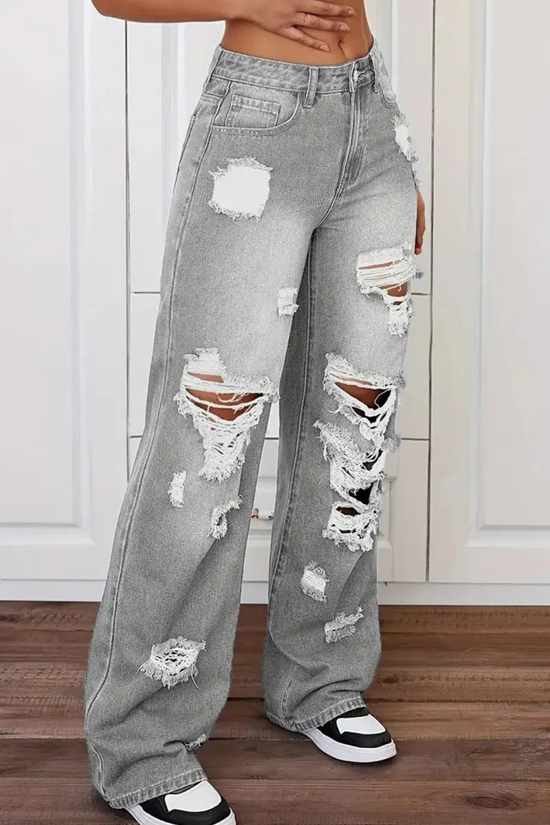 Women's Versatile Washed High-Waisted Loose Jeans