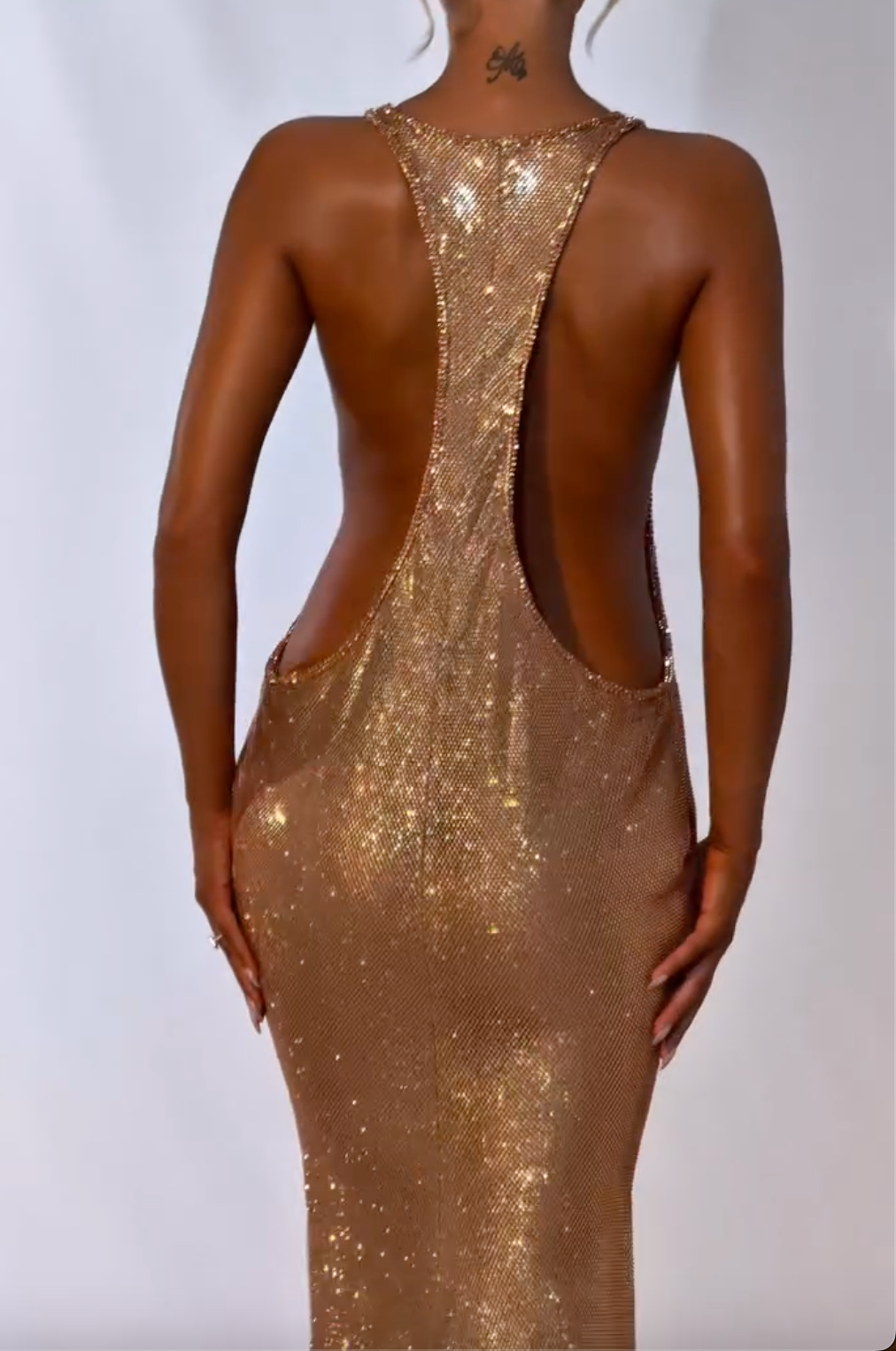 Gold Metallic Mesh Maxi Dress with Deep V Neck & Extreme Open Back