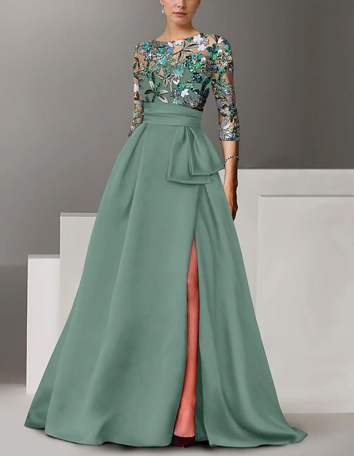 Round Neck Satin Sequined Sleeves Maxi Dress