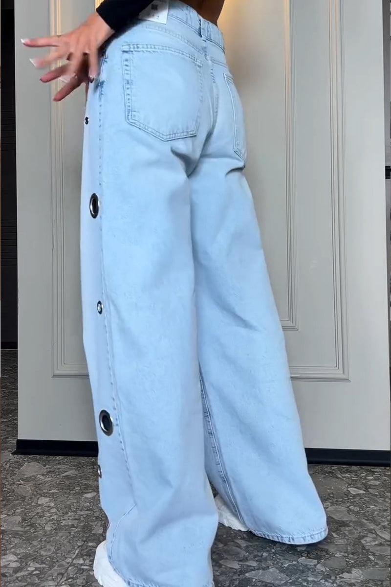 Women's Fashion Metal Hollow-Out Decoration Wide Leg Jeans