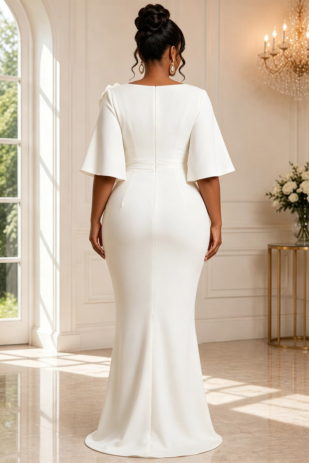 Wedding White Wrap Neck Flare Short Sleeve Split 3D Maxi Dresses [Pre-Order]