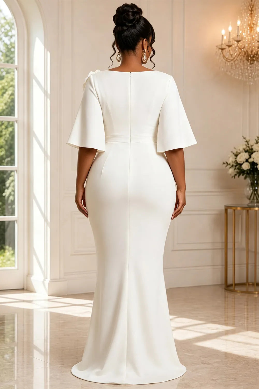 Wedding White Wrap Neck Flare Short Sleeve Split 3D Maxi Dresses