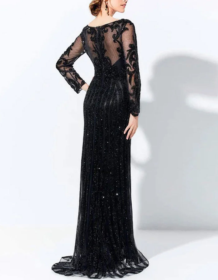 Round Neck Sequined Lace Long Sleeves Maxi Dress
