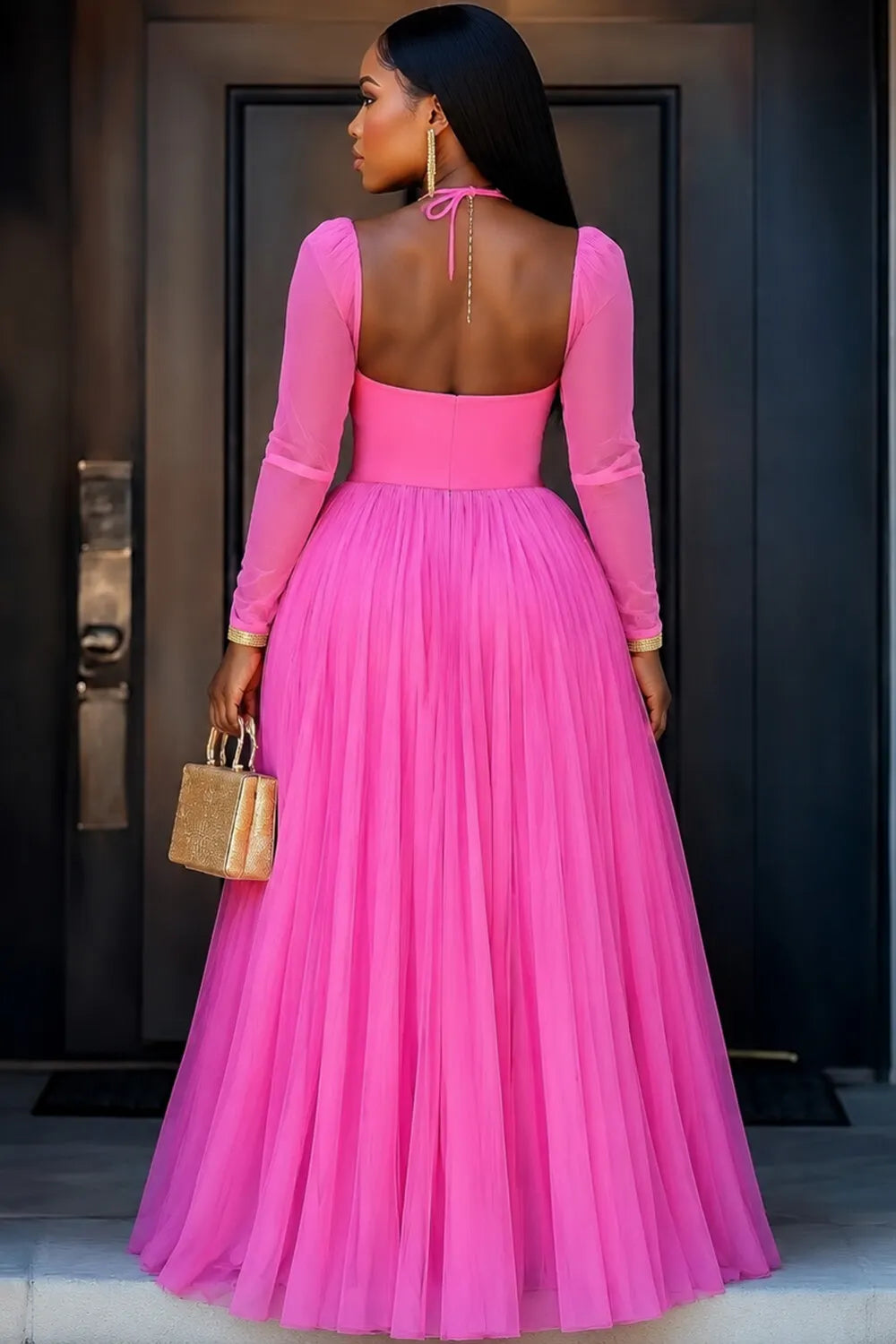 Halter Long Sleeve Semi-Sheer Mesh Party Maxi Dresses-Fuchsia [Pre Order]