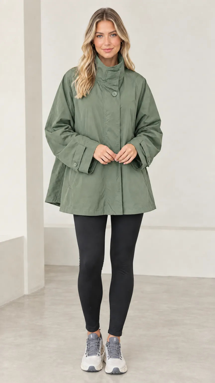 Women's Stand Collar A-Line Swing Trench Jacket with Back Flap
