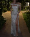 Silver Off-the-Shoulder Sparkly Maxi Dress - Sweetheart Neck with High Slit Formal Evening Gown