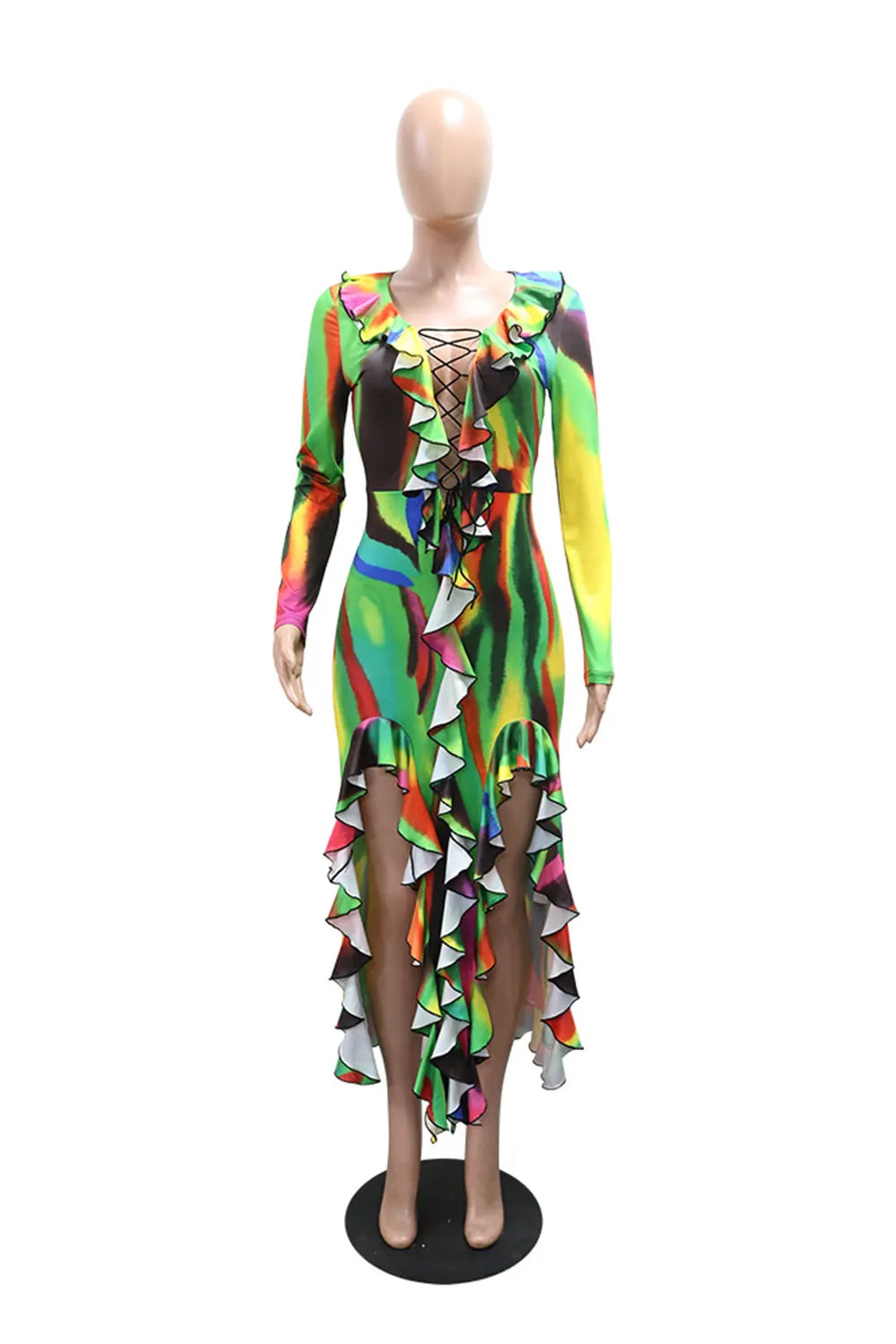 V Neck Ruffled Irregular Hem Slit Colorblock Vacation Maxi Dresses-Multicolor
