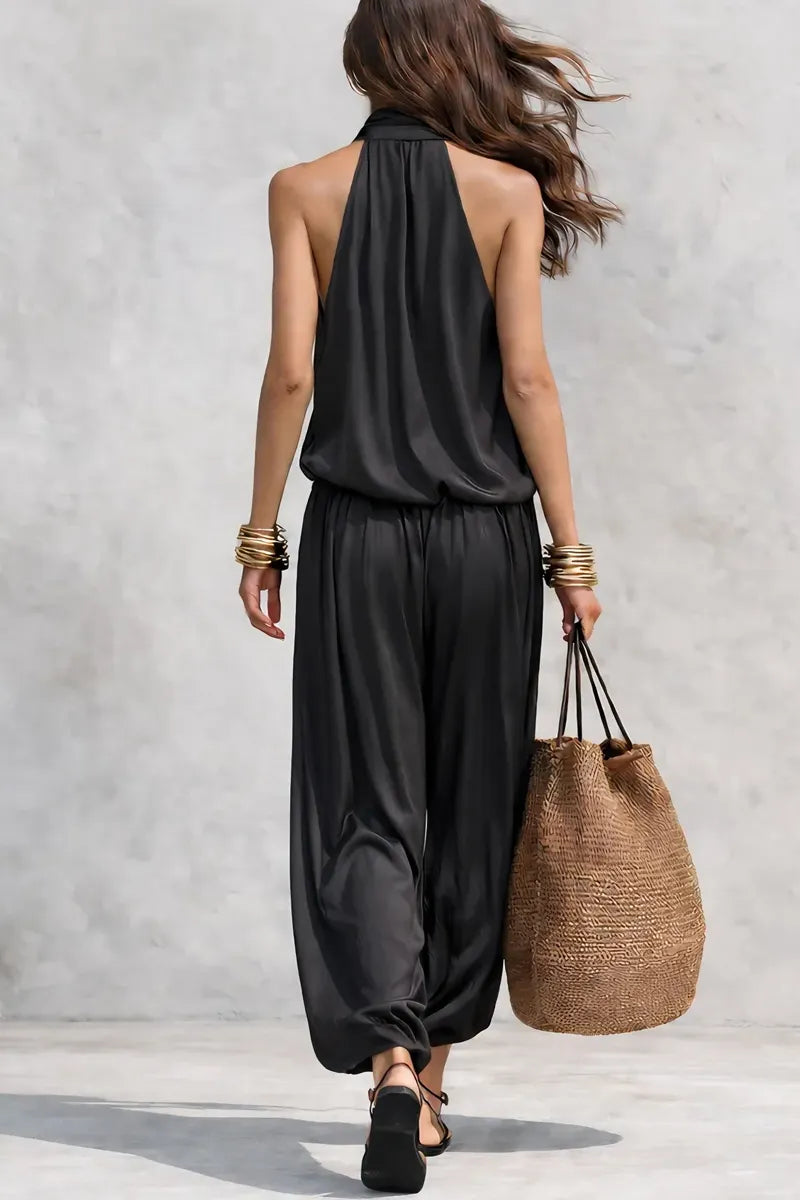 Women's Pure Cotton Vacation Style Monochrome High Neck Vest - And Straight Leg Pantss