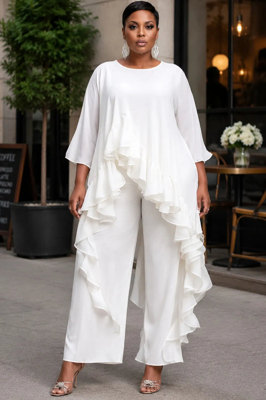 Daily Elegant White Round Neck Half Sleeve Ruffle Asymmetric Hem Two Piece Pant Sets