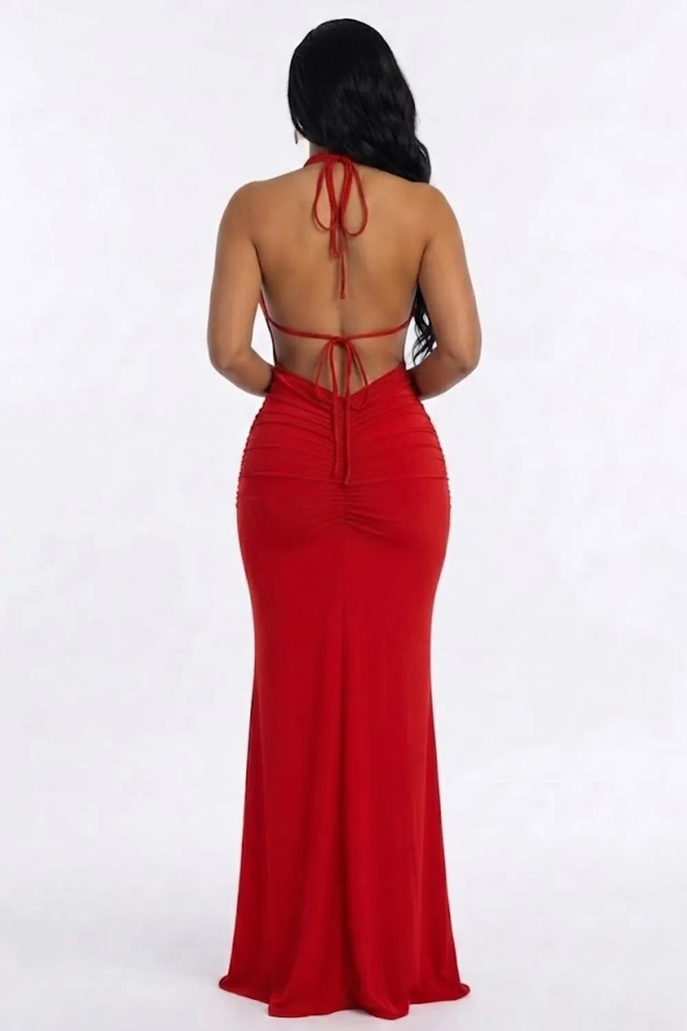 Halter Neck Metal Decor Ruched Back Lace-Up Evening Gowns Maxi Dresses-Red