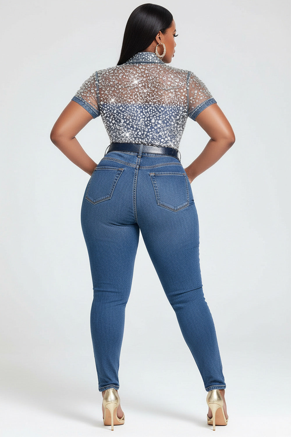 Xpluswear Design Plus Size Party Tulle Blue Drilling See Through Denim Jeans