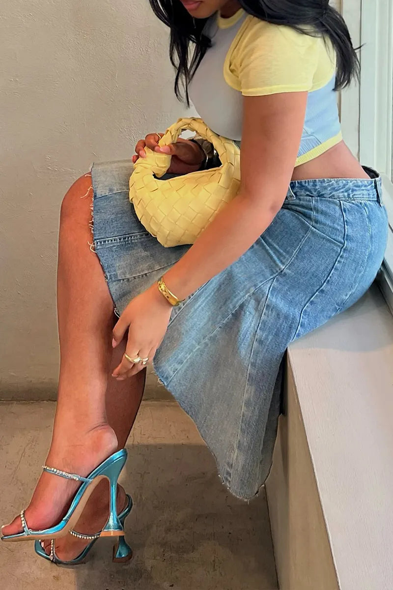 Women's Fashion Flounce Panel Hem Denim Skirt