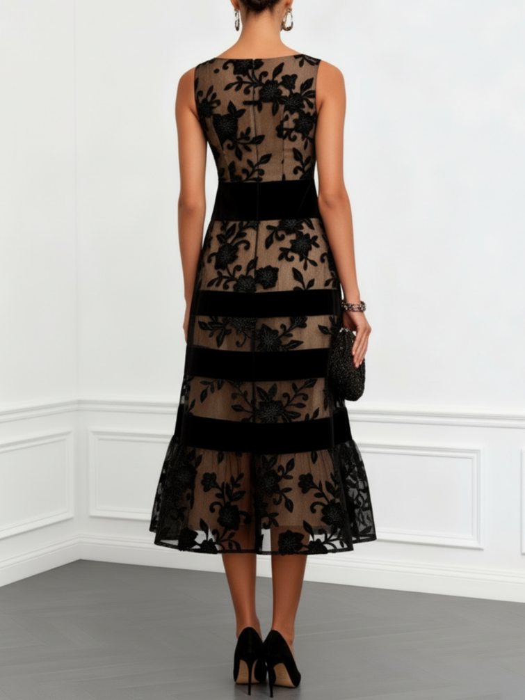 Black Floral Mesh Tiered Midi Dress – Elegant Cocktail & Wedding Guest Style