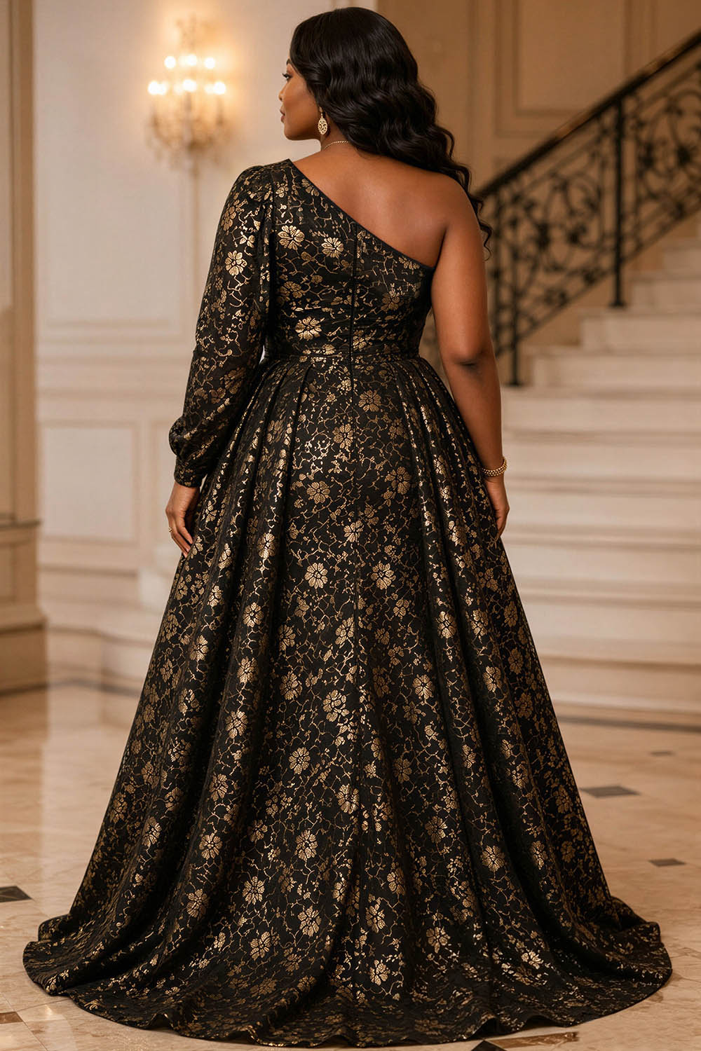 Gold Foil Print One Shoulder Long Sleeve Split With Skirt Overlay Satin Maxi Dresses [Pre-Order]