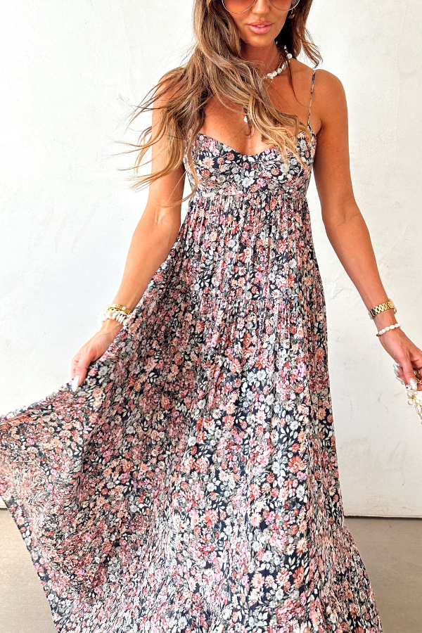 Pink Floral Tiered Boho Maxi Dress – Romantic Vacation Elegance