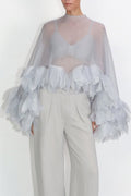 Light Grey Sheer Organza Blouse with 3D Petal Ruffle Sleeves