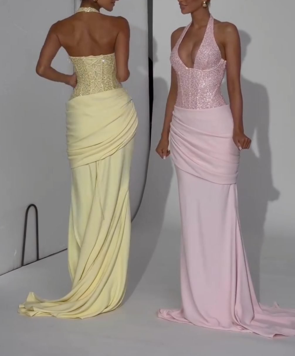 Yellow/Pink Halter Deep V Sequin Corset Ruched Mermaid Maxi Formal Evening Gown