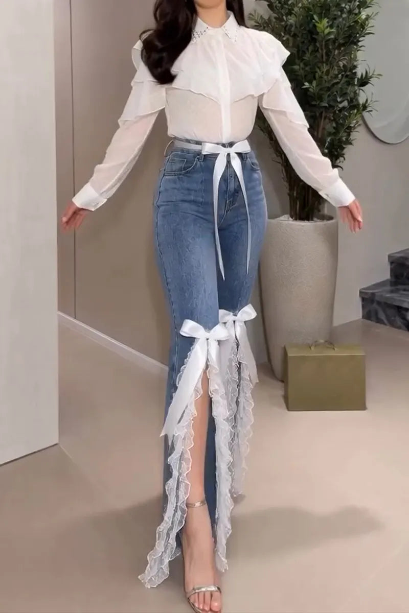 Women's Elegant Sweet Bow Mesh Hem Jeans