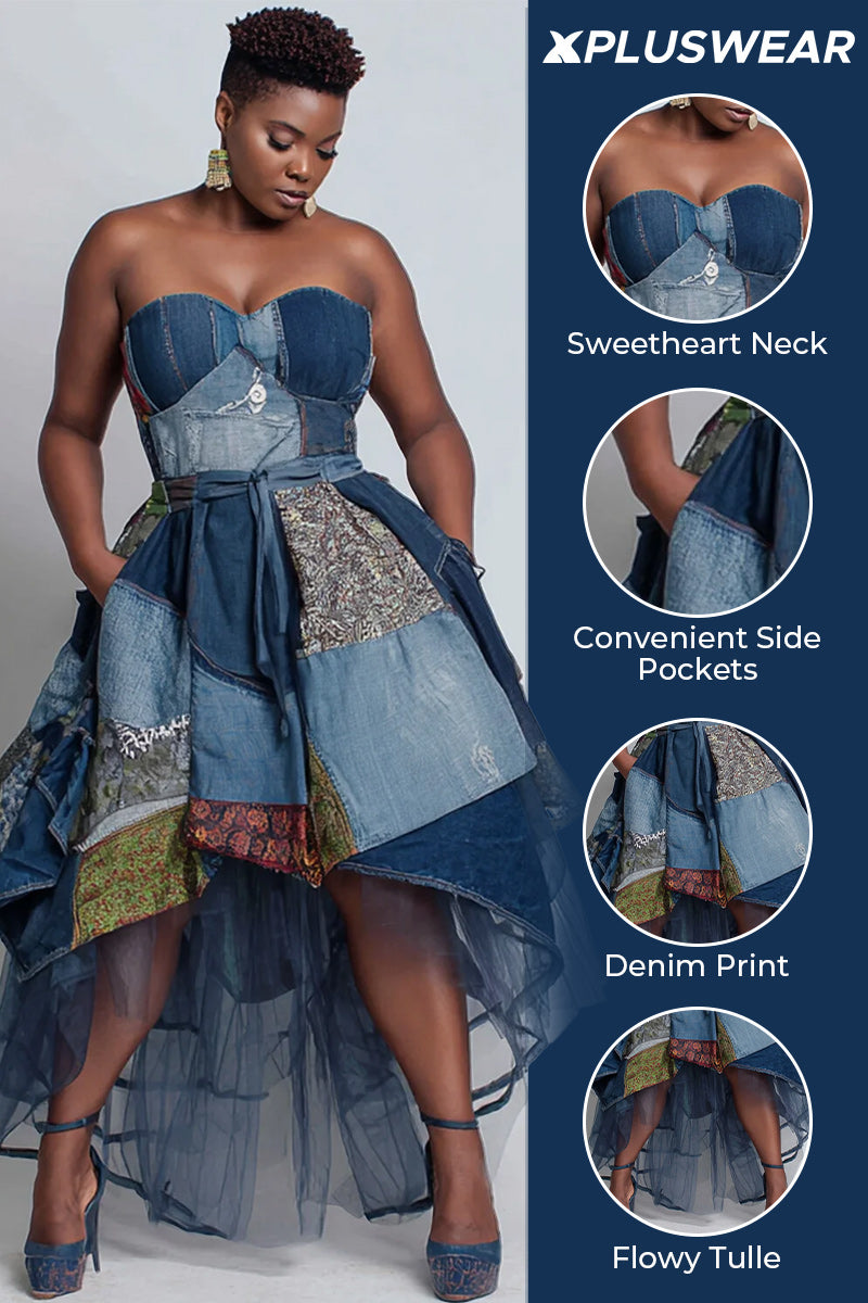 Party Blue All Over Print Pocket High Low Hem Tulle Midi Dresses