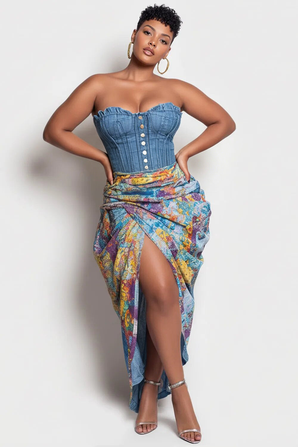 Xpluswear Design Plus Size Party Light Blue Graphic Split Fold Denim Two Piece Skirt Sets