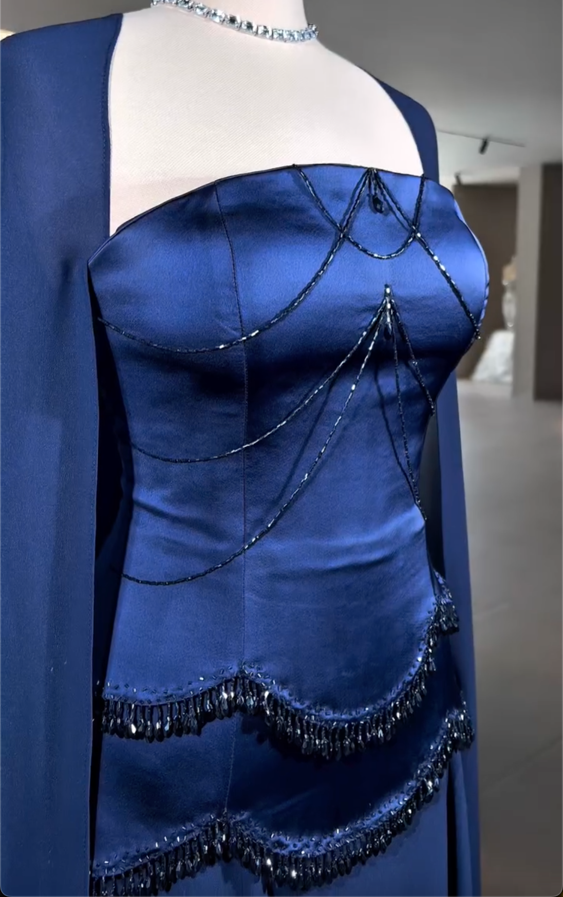 Navy Blue Strapless Maxi Dress with Crystal Beading & Cape Sleeves