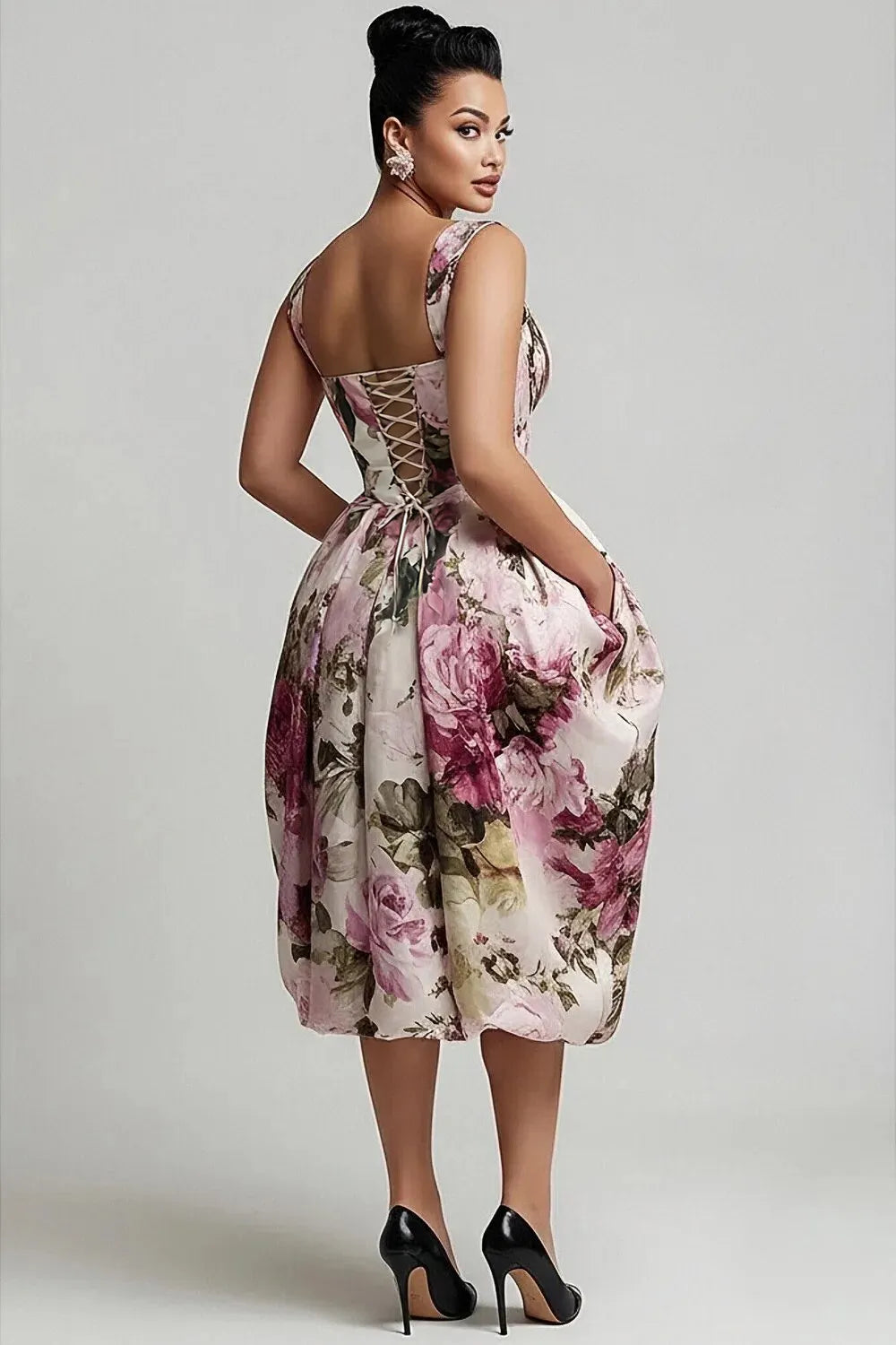 Cocktail Party Pink Floral Sweetheart Neck Pleated Pocket Satin Midi Dresses