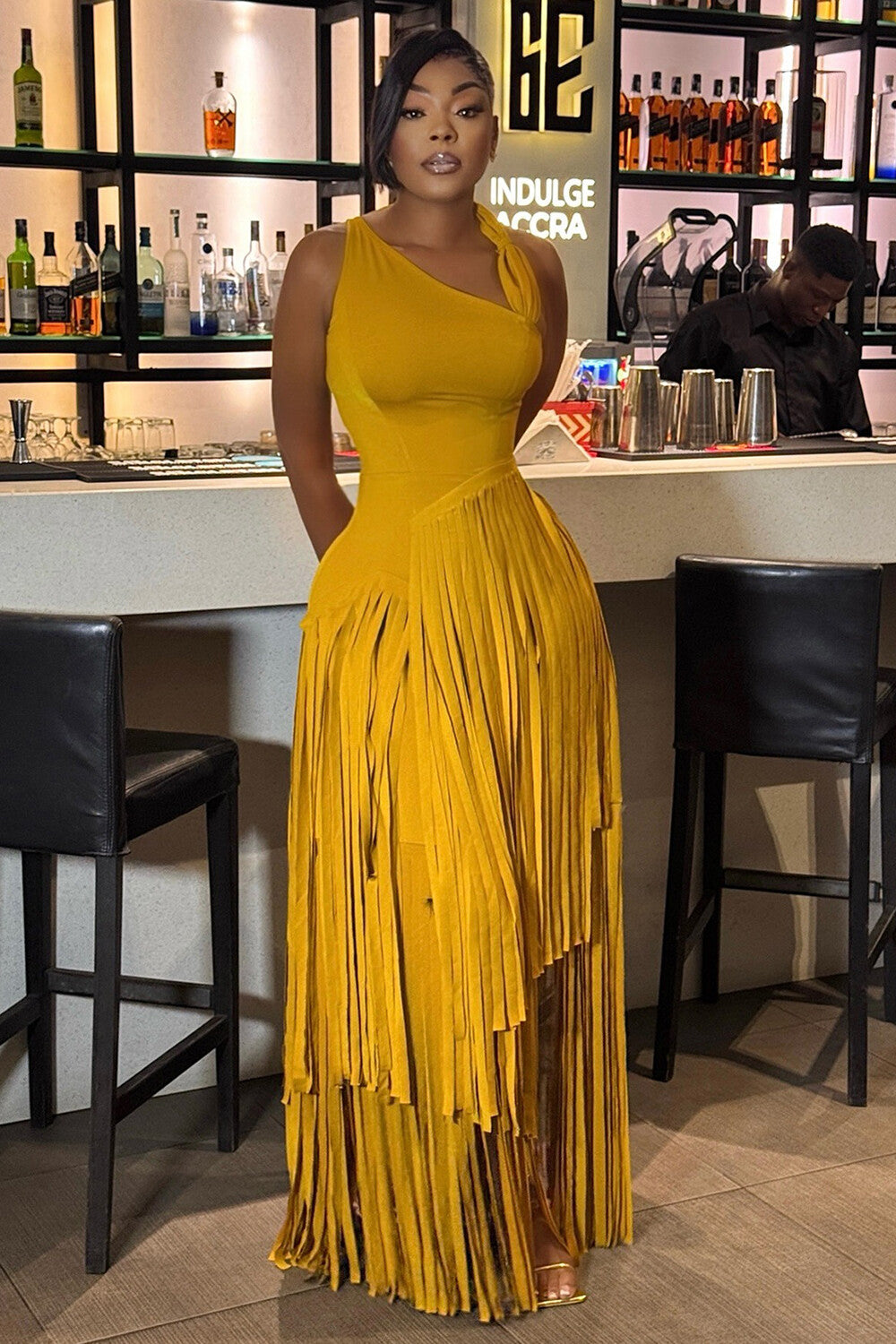 Wide Straps Cinch Waist Fringe Solid Color Maxi Dresses-Yellow