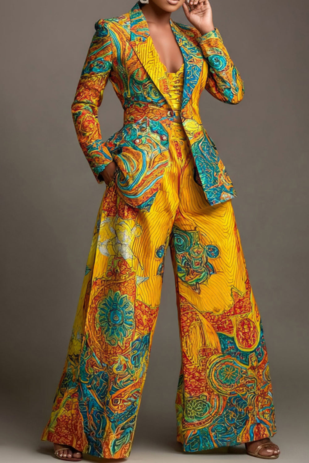 Yellow African Print Lapel Collar Long Sleeve Pocket Wide Leg Two Piece Pant Suits