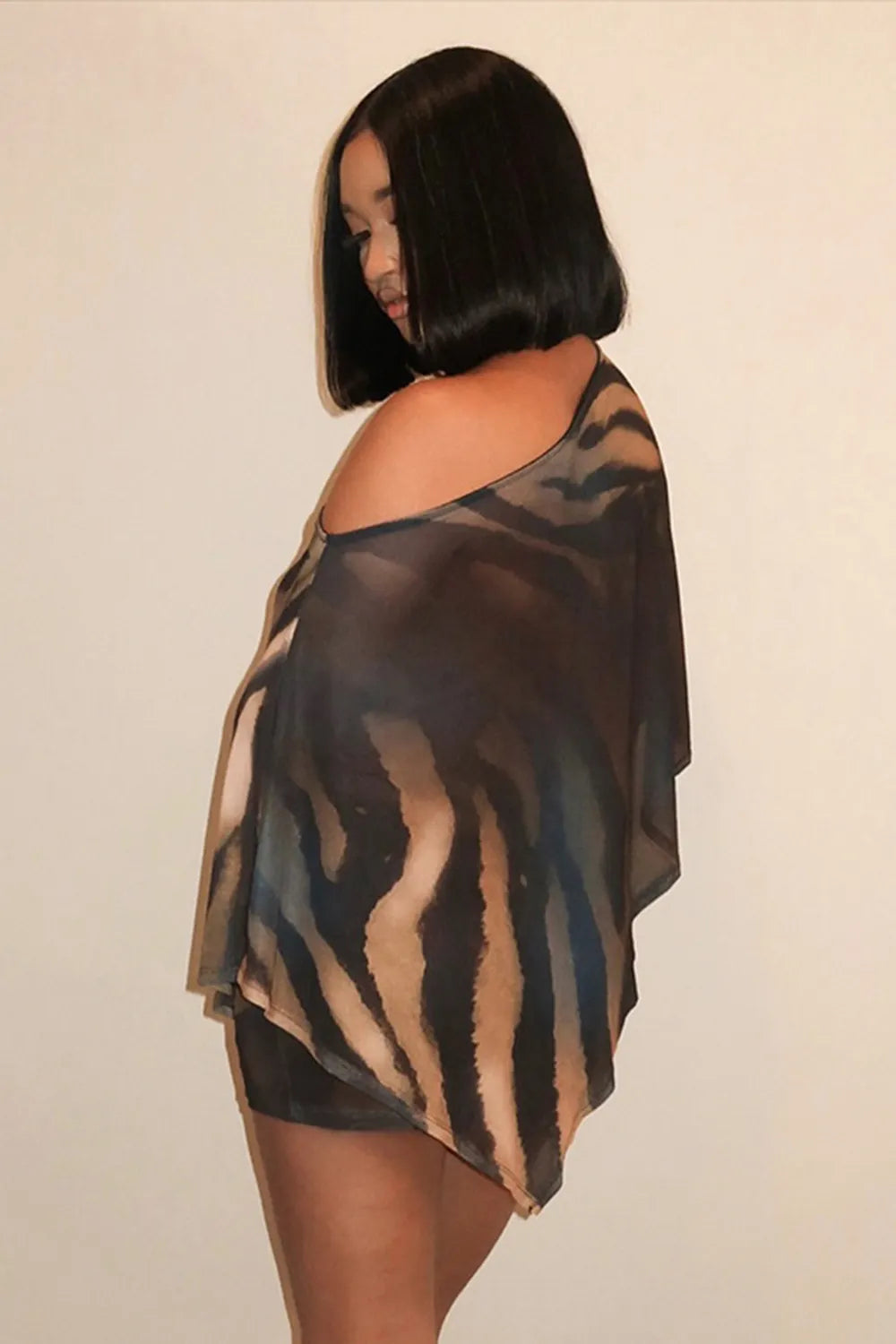 Tiger Print Skew Neck Irregular Hem Shawl Top Mini Skirt 2pcs Set-Green