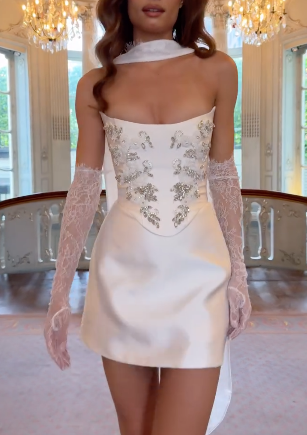 White Strapless Satin Mini Dress with Crystal Embellishments