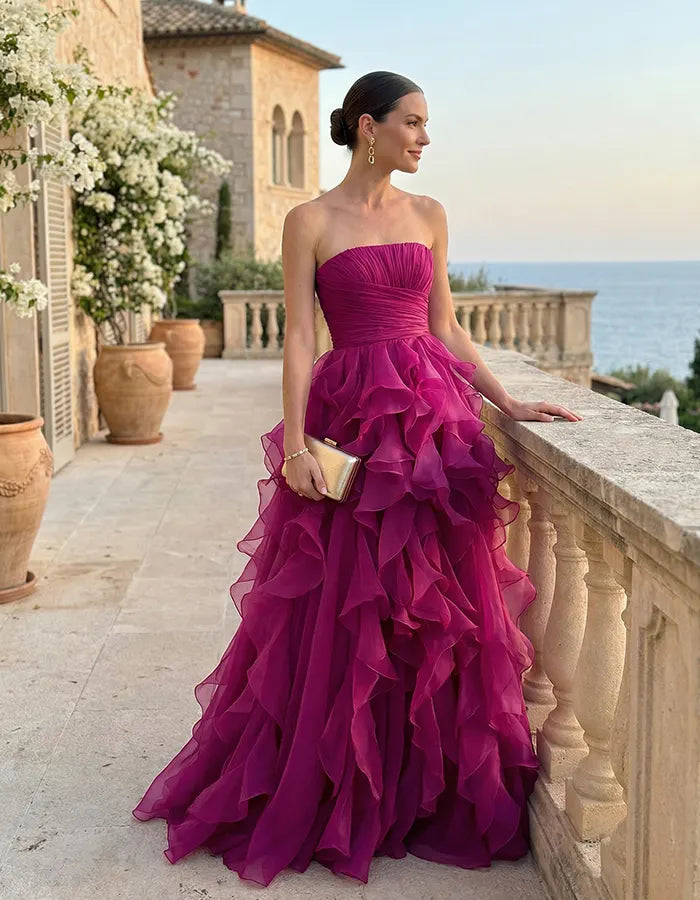 Rose Red Chiffon Strapless Tiered Maxi Dress