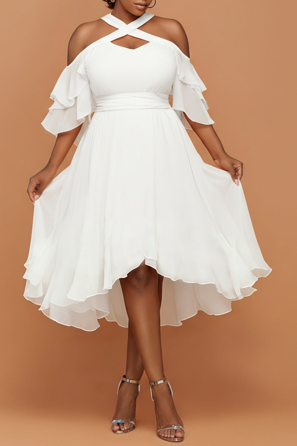 Vacation White Halter Collar Cold Shoulder Short Sleeve Cut Out Ruffle Chiffon Midi Dresses