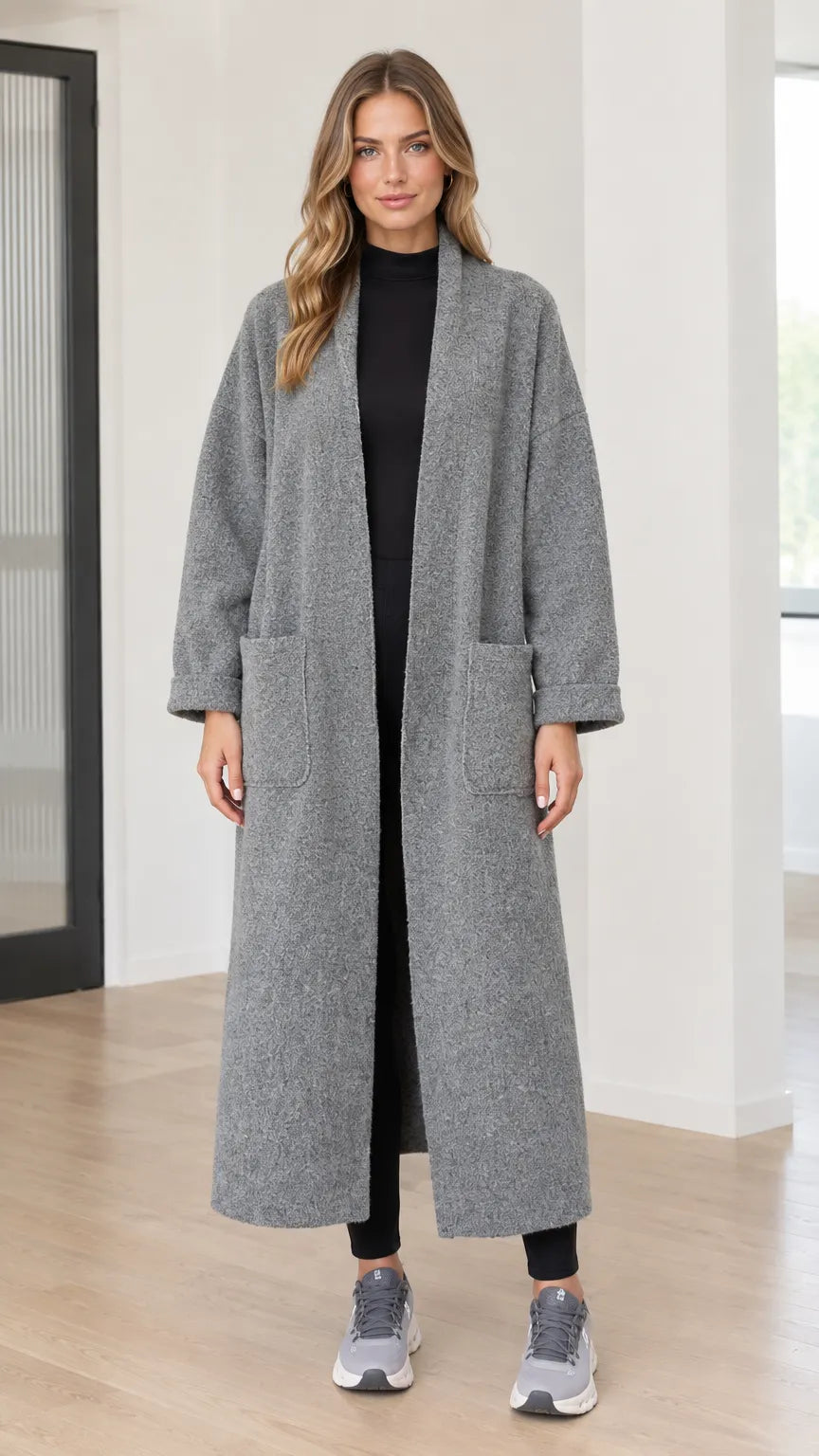 Women's Textured Bouclé Long Open Front Duster Coat with Pockets