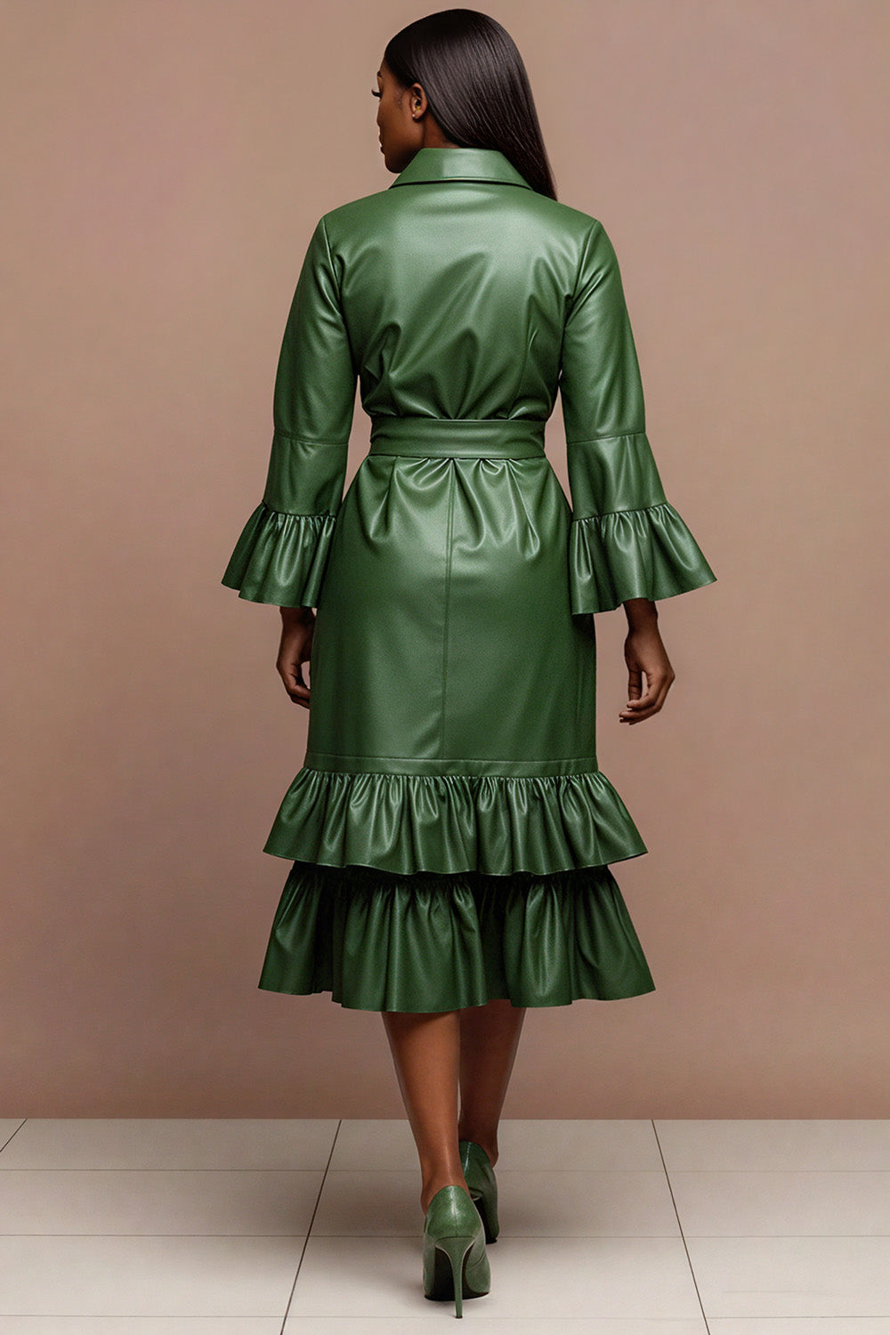 Business Casual Green Shirt Collar Flare Long Sleeve Ruffle Elegant Bodycon PU Leather Midi Dresses