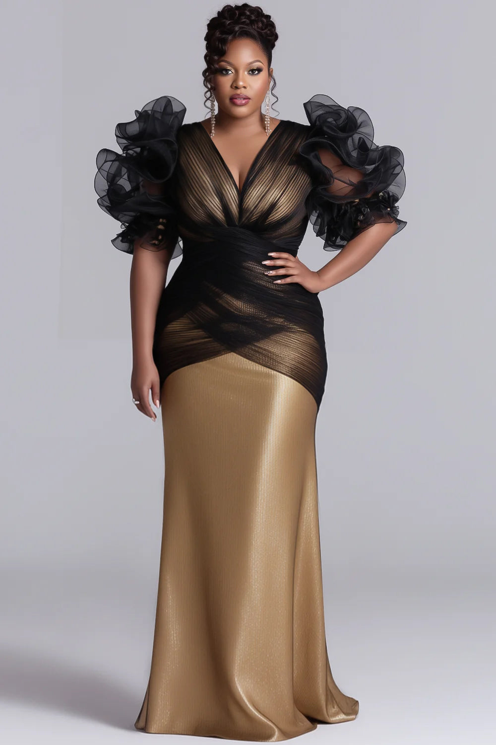 Gold Colorblock V Neck Puff Sleeve Half Sleeve Ruffled Elegant Ruffle Satin Tulle Maxi Dresses