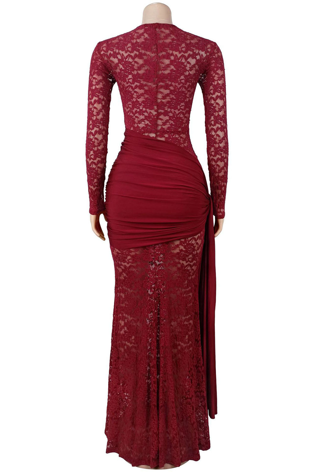Lace Round Neck Long Sleeve Side Sash Slim Gowns Maxi Dresses-Burgundy