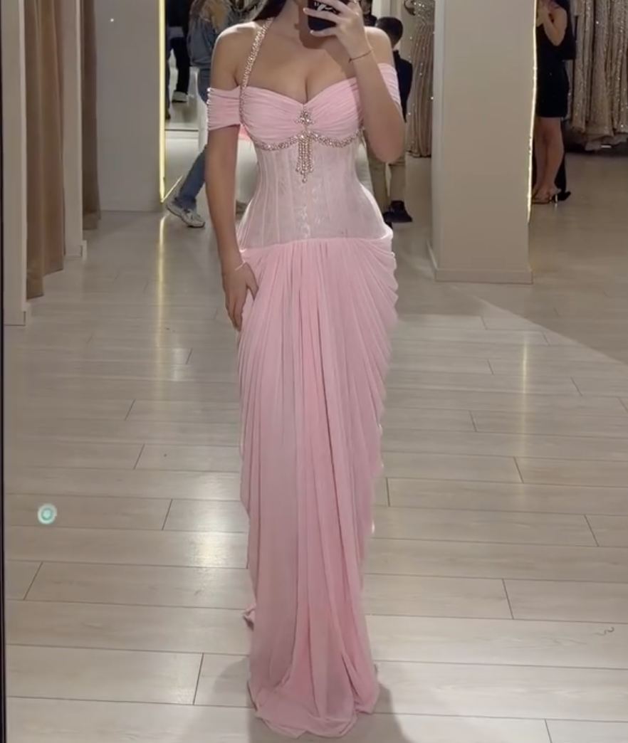 Pink Halter Off-Shoulder Maxi Dress with Rhinestone Embellishments & Corset Bodice