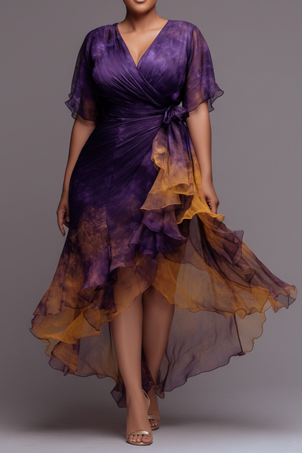 Cocktail Party Purple Gradient Wrap Neck Short Sleeve Ruffle Asymmetric Hem Chiffon Midi Dresses