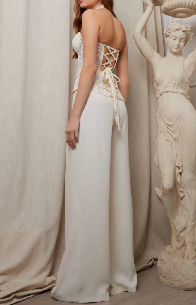 Ivory Lace Strapless Corset Top & Wide-Leg Pants Co-Ord Set