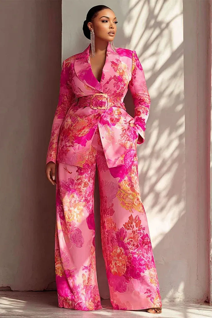 Hot Pink Turndown Collar Long Sleeve Pocket Satin Two Piece Pant Suits