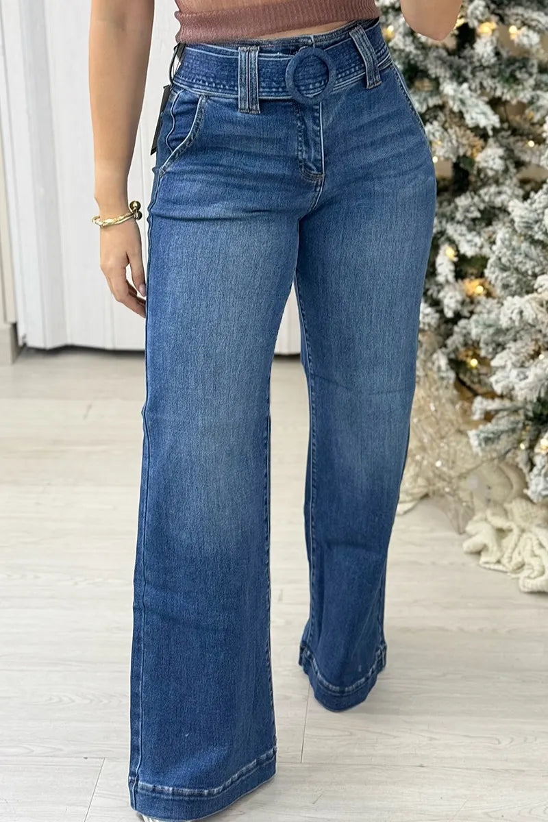 Women's Retro Style Wide Leg Belted Jeans
