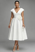 Cocktail Party Elegant White V Neck Pocket Satin Midi Dresses