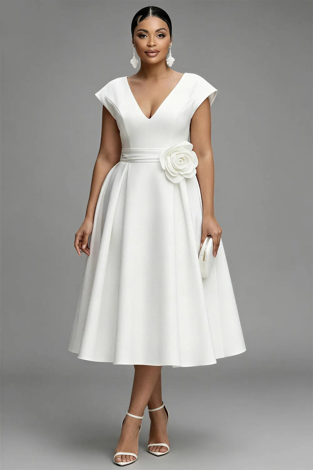 Cocktail Party Elegant White V Neck Pocket Satin Midi Dresses